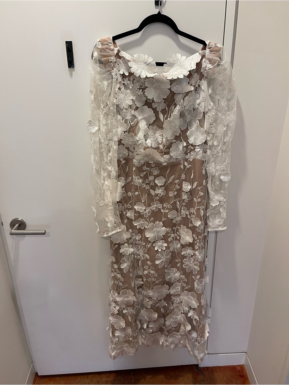 Elliatt Nude Dress with White Floral Lace Overlay - perfect for brides!
